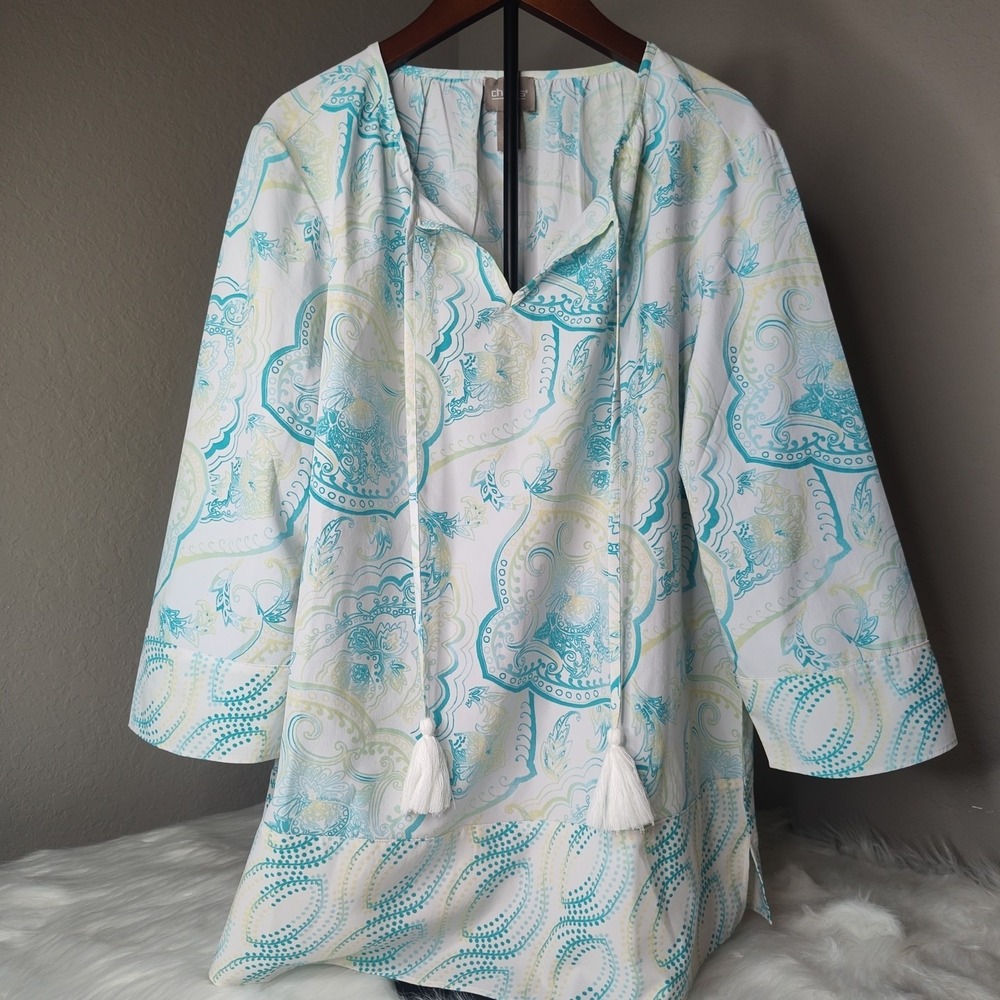 Chicos Tunic Womens Size 1 White Blue Green Paisley Tassel 3/4 Sleeve Top